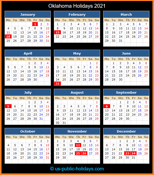 Oklahoma Holiday Calendar 2021